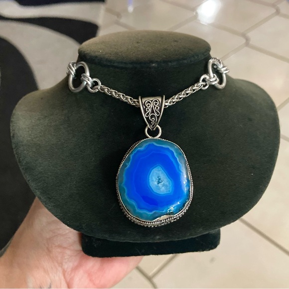 925 sterling silver overlay blue agate slice gemstone charm boho necklace . - Picture 11 of 13